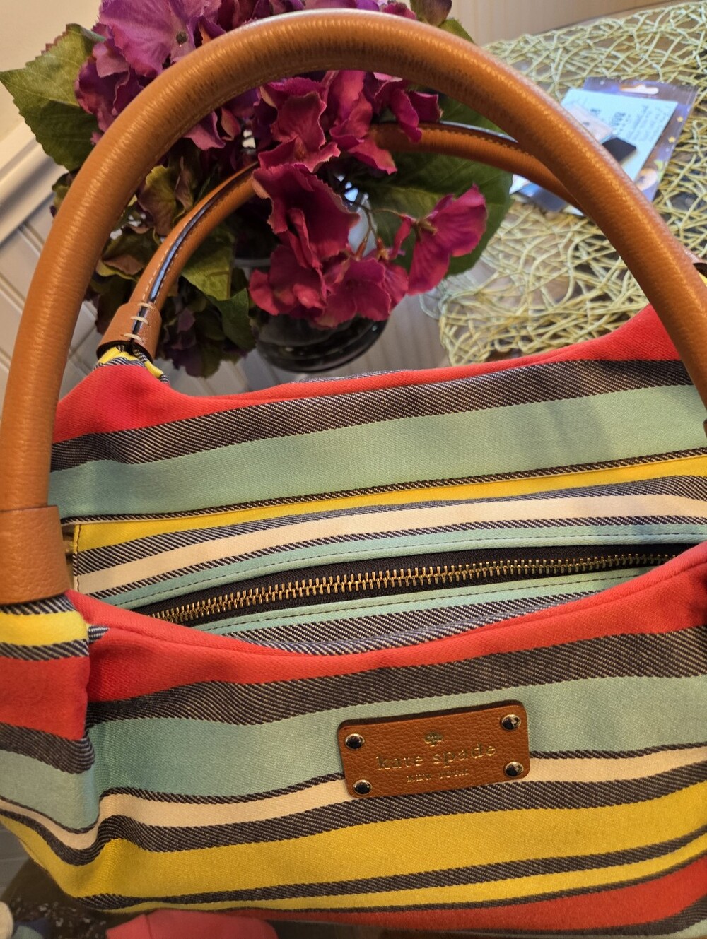 Kate Spade Multicolor Striped Canvas Tote - Red, Yellow, Aqua, Brown Like New - Picture 3 of 10